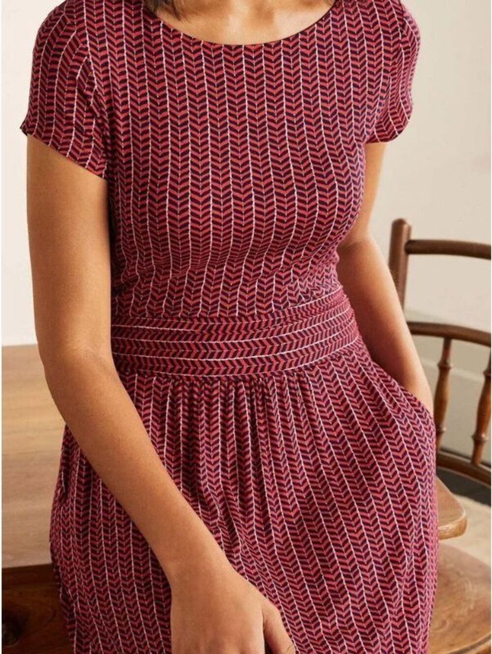 Boden Red Navy Herringbone Jersey Midi Dress Short Sleeve Size 12R